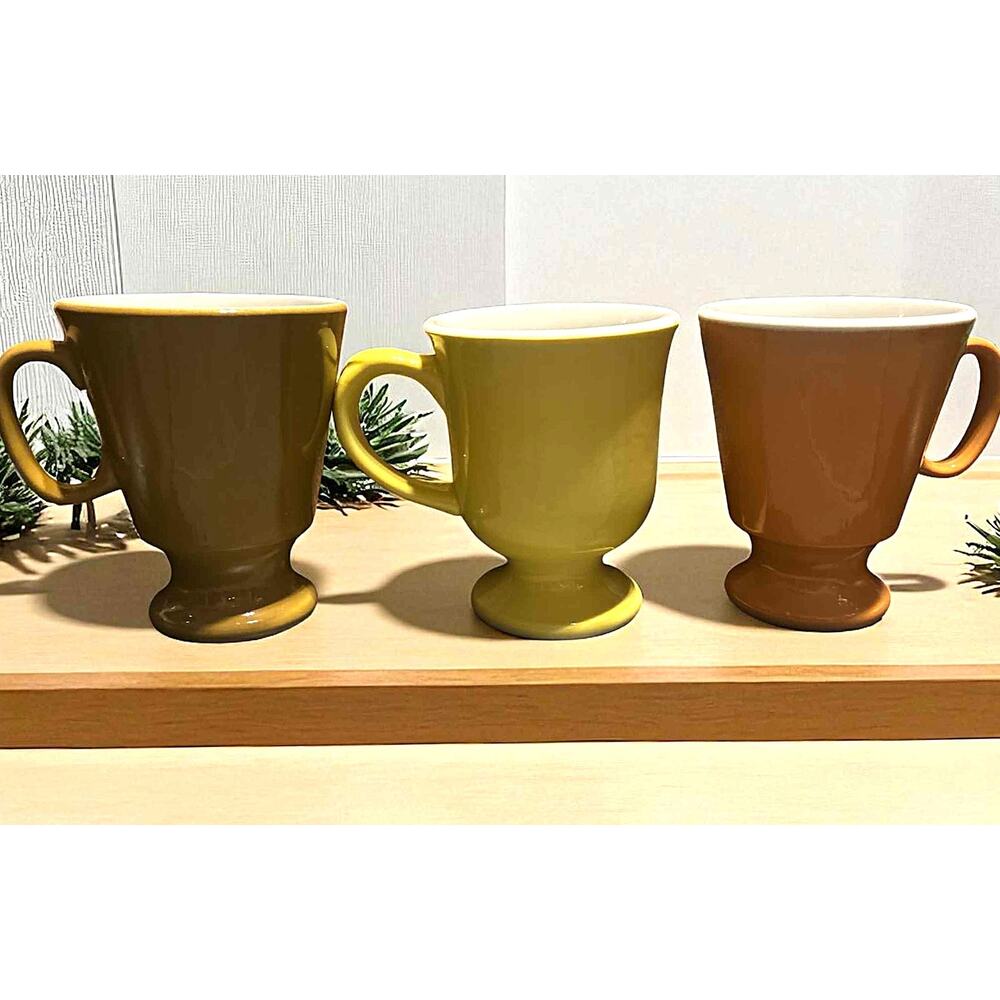 Vintage 1970s MCM Shenango China Set 3 Yellow Brown Tan Pedestal Mugs USA MINT!